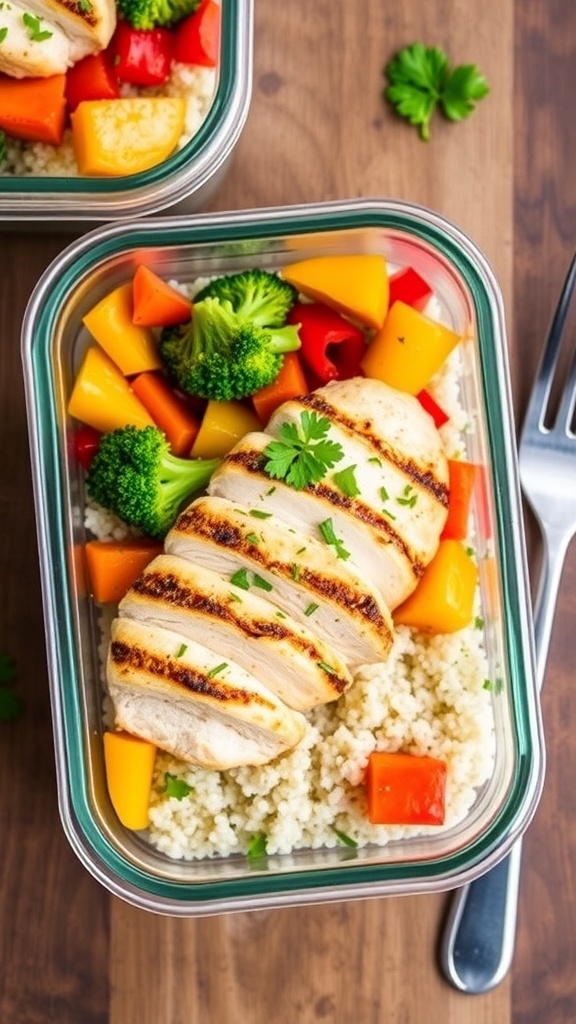 Meal prep chicken bowl with grilled chicken, quinoa, and colorful vegetables in a clear container.